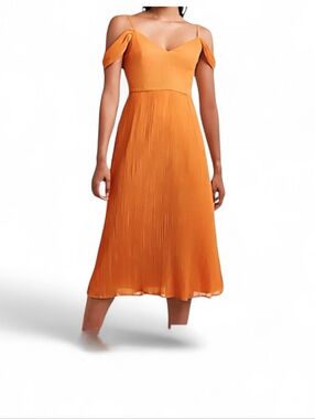 Express Orange Off Shoulder Crinkle Pleat Midi Dress Large